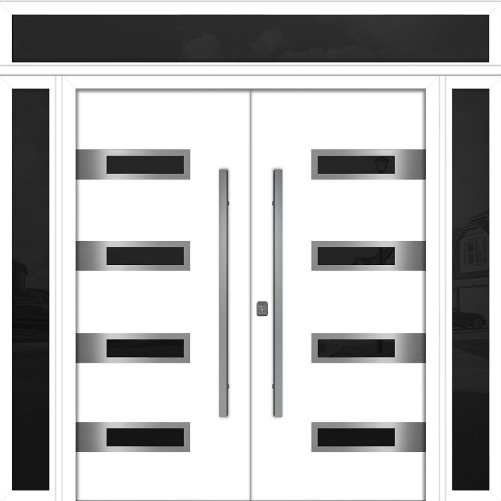 Nova Inox S4 Modern Exterior Double Door 72x80 W/ (2) 12" Sidelight and Transom - Unit 98x95 3/8 - White - Doors and Beyond