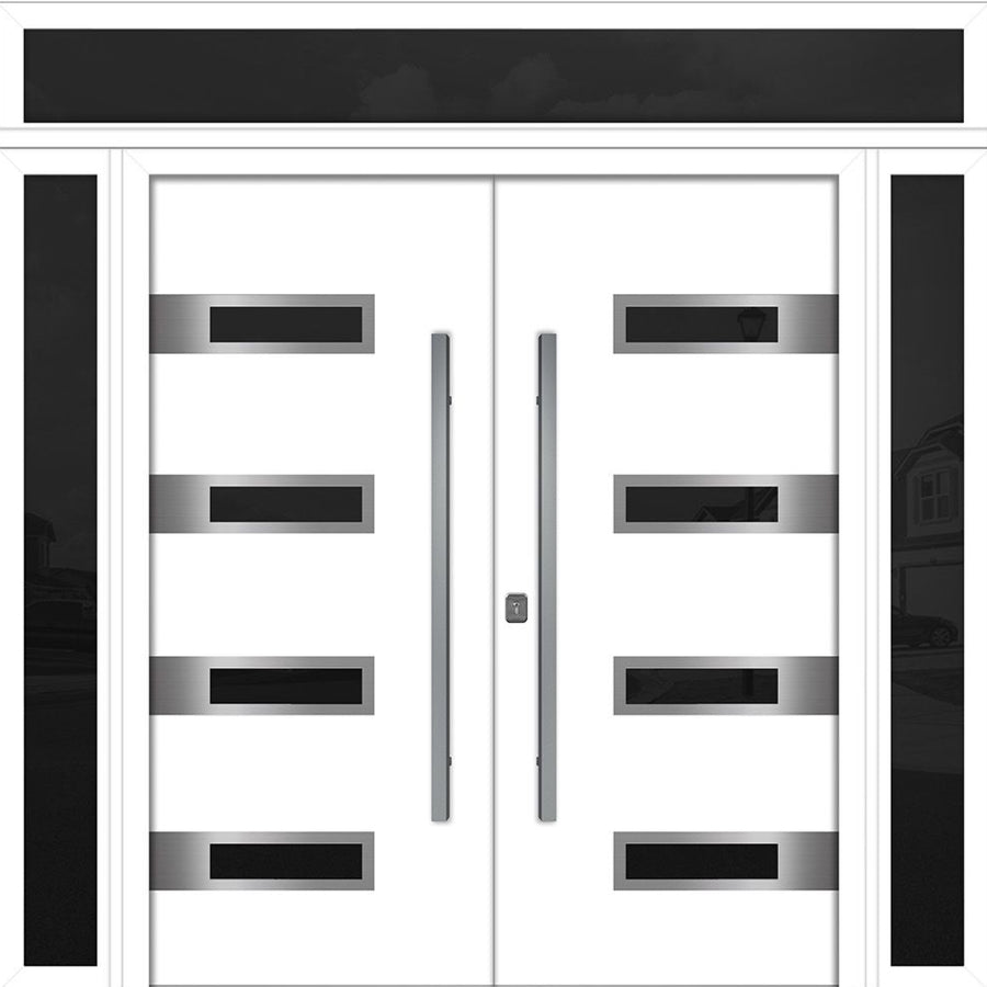 Nova Inox S4 Modern Exterior Double Door 72x80 W/ (2) 12" Sidelight and Transom - Unit 98x95 3/8 - White - Doors and Beyond