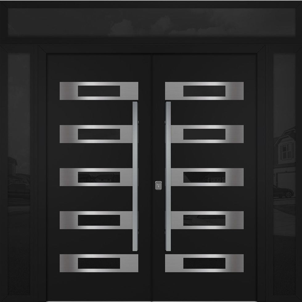 Nova Inox S5 Modern Exterior Double Door 72x80 W/ (2) 12" Sidelight and Transom - Unit 98x95 3/8- Black - Doors and Beyond