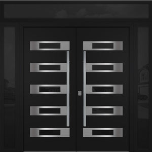 Nova Inox S5 Modern Exterior Double Door 72x80 W/ (2) 12" Sidelight and Transom - Unit 98x95 3/8- Black - Doors and Beyond