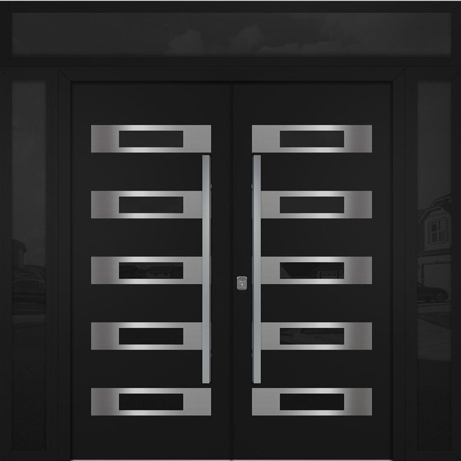 Nova Inox S5 Modern Exterior Double Door 72x80 W/ (2) 12" Sidelight and Transom - Unit 98x95 3/8- Black - Doors and Beyond
