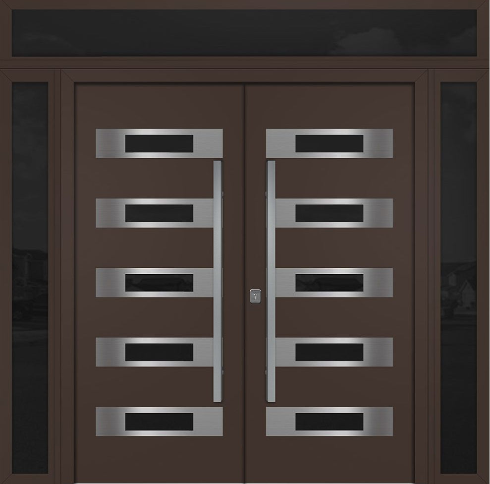 Nova Inox S5 Modern Exterior Double Door 72x80 W/ (2) 12" Sidelight and Transom - Unit 98x95 3/8-Brown
