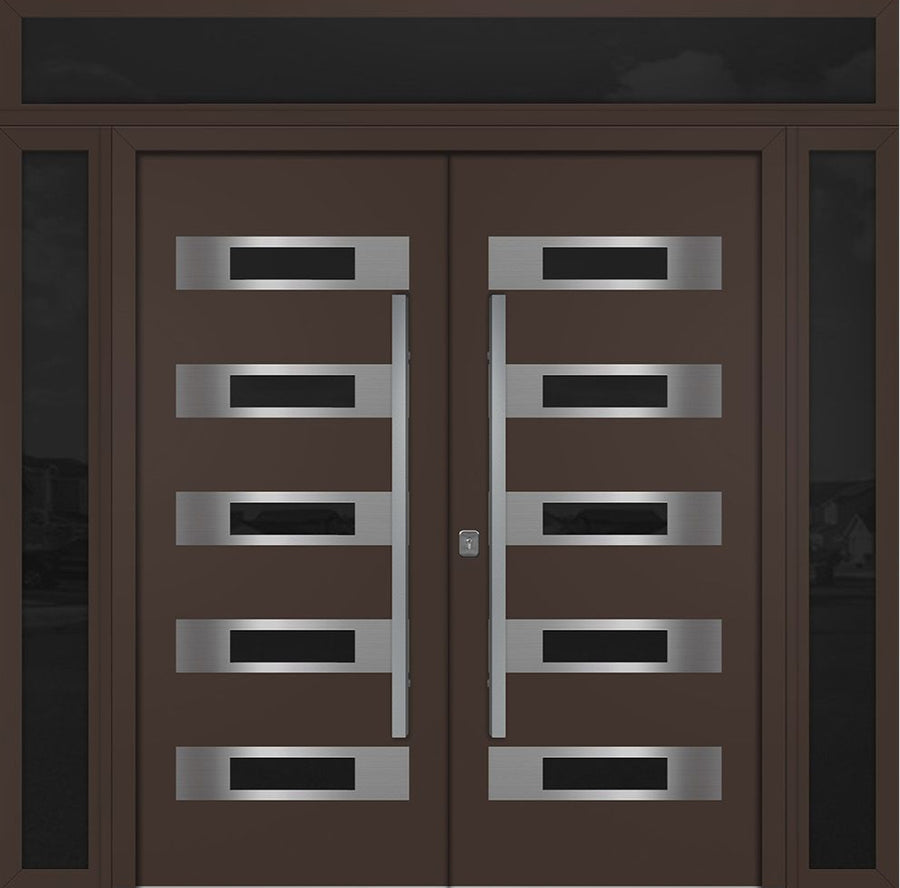 Nova Inox S5 Modern Exterior Double Door 72x80 W/ (2) 12" Sidelight and Transom - Unit 98x95 3/8-Brown - Doors and Beyond
