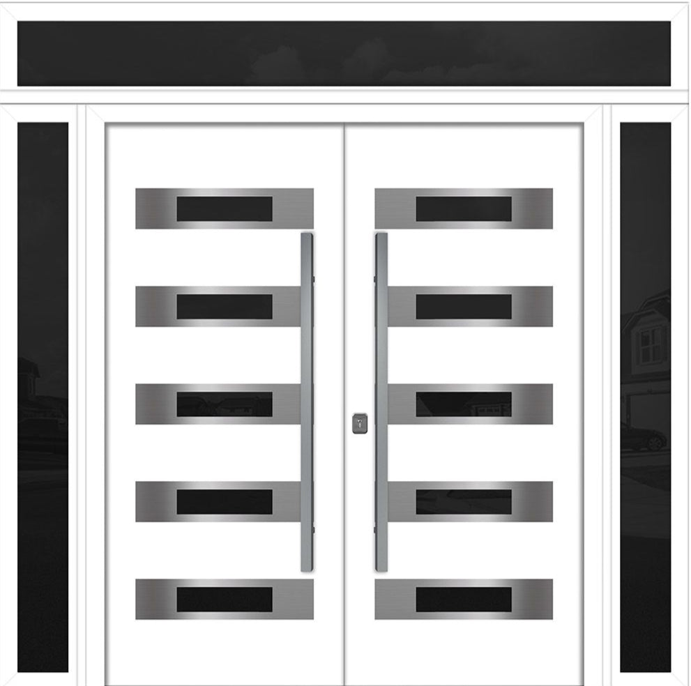 Nova Inox S5 Modern Exterior Double Door 72x80 W/ (2) 12" Sidelight and Transom - Unit 98x95 3/8 - White - Doors and Beyond