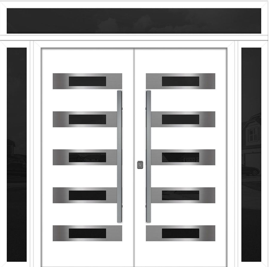 Nova Inox S5 Modern Exterior Double Door 72x80 W/ (2) 12" Sidelight and Transom - Unit 98x95 3/8 - White - Doors and Beyond