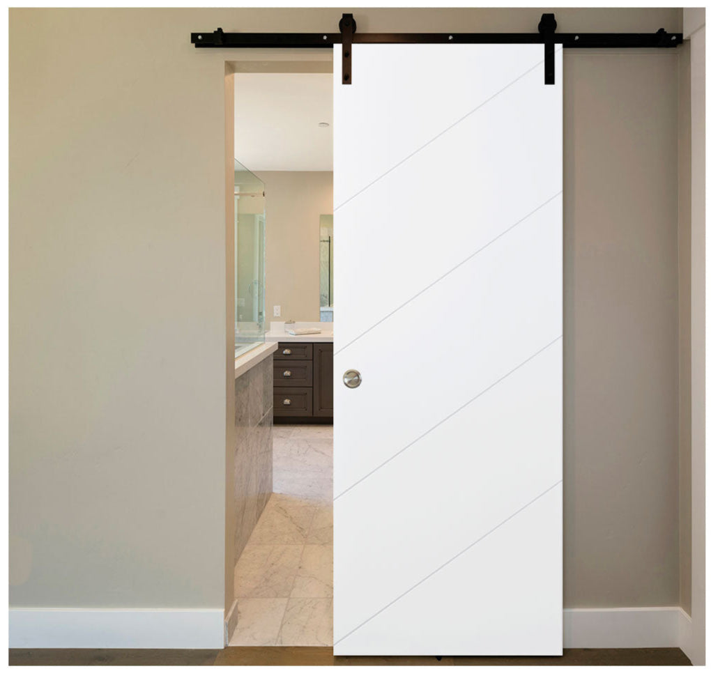 Nova Slant Soft White Laminated Modern Barn Door - Doors and Beyond