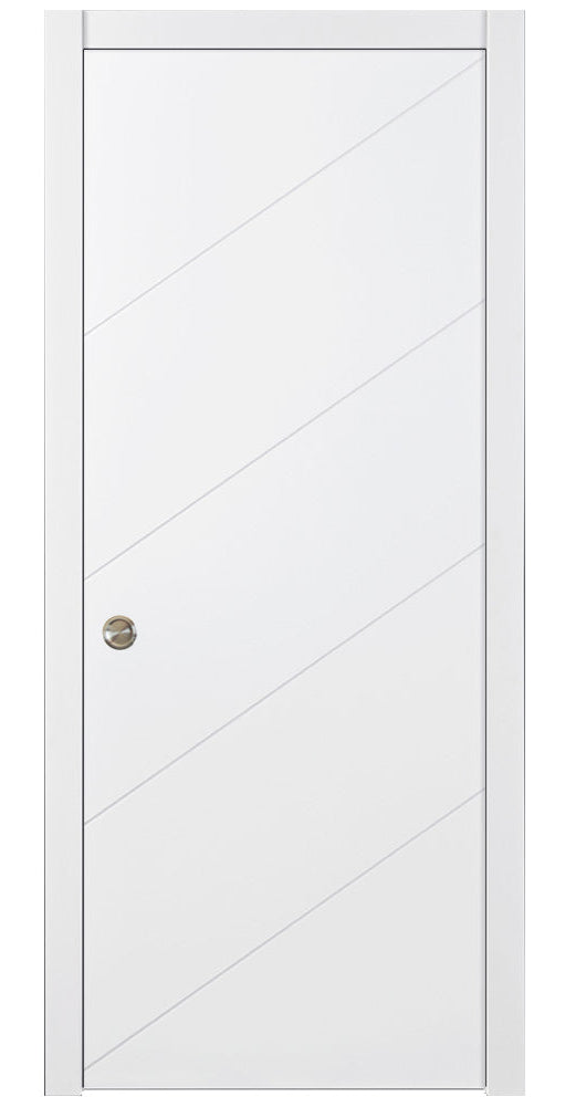 Nova Slant Soft White Laminated Modern Pocket Door - Doors and Beyond