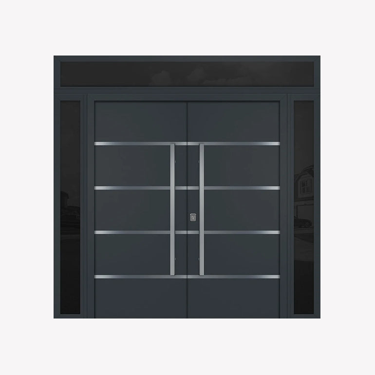 Nova Inox S3 Modern Exterior Double Door 72x80 W/ (2) 12" Sidelight and Transom - Unit 98x95 3/8 - Gray - Doors and Beyond