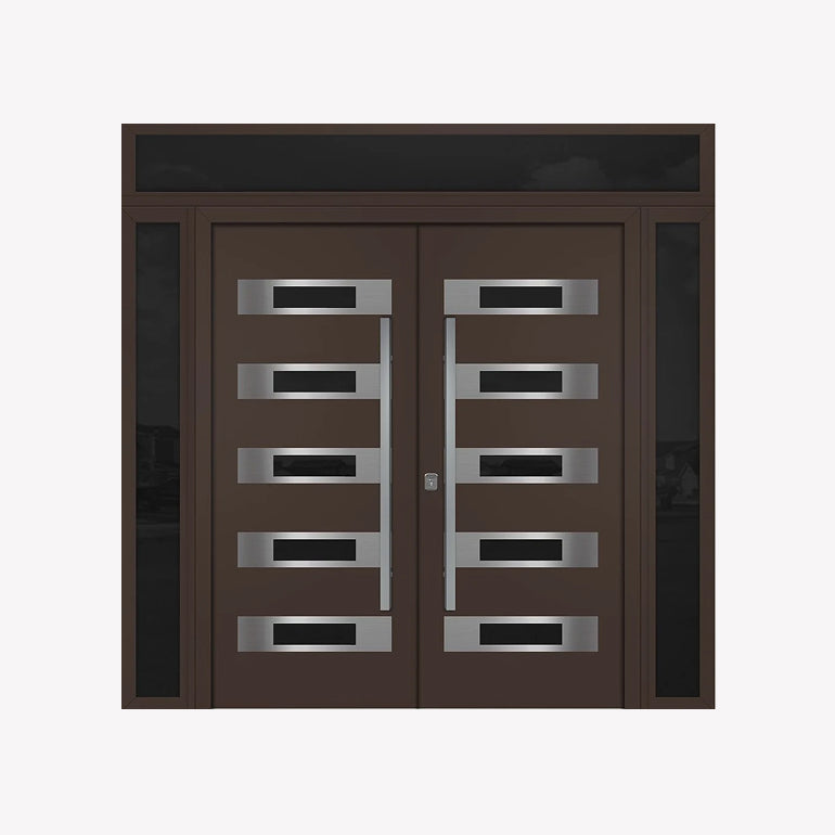 Nova Inox S5 Modern Exterior Double Door 72x80 W/ (2) 12" Sidelight and Transom - Unit 98x95 3/8-Brown - Doors and Beyond