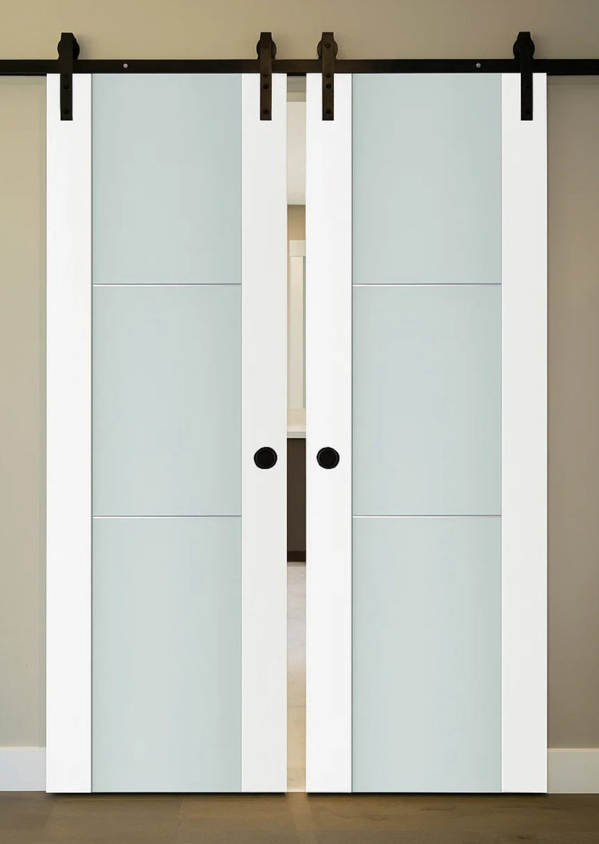 Nova Triplex 004 Soft White Laminated Modern Double Barn Door - Doors and Beyond