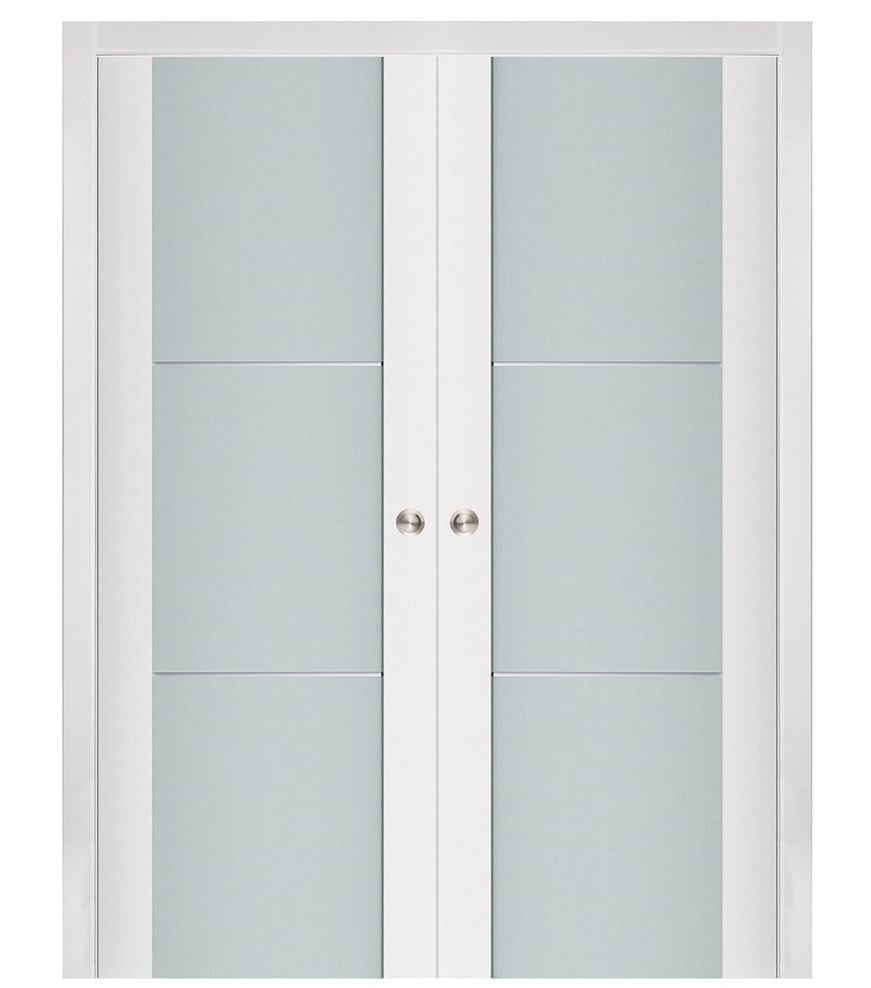 Nova Triplex 004 Soft White Laminated Modern Double Pocket Door - Doors and Beyond