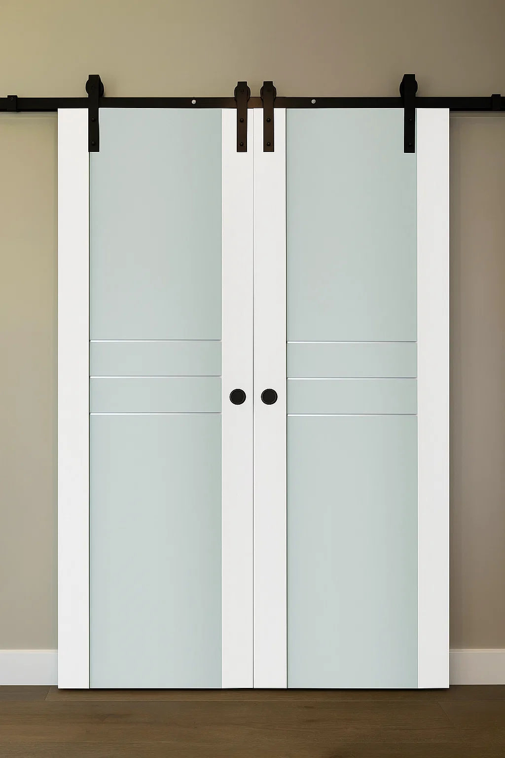 Nova Triplex 005 Soft White Laminated Modern Double Barn Door - Doors and Beyond