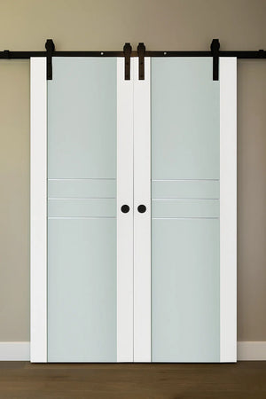 Nova Triplex 005 Soft White Laminated Modern Double Barn Door - Doors and Beyond