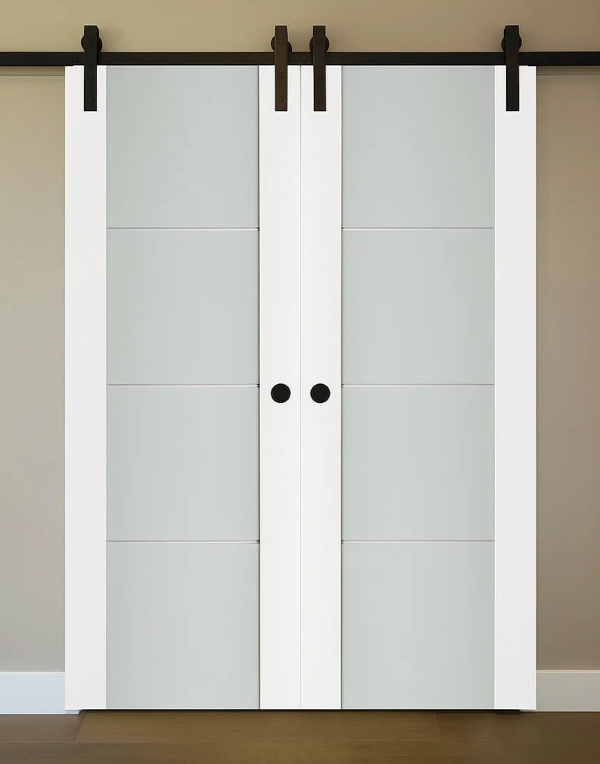 Nova Triplex 006 Soft White Laminated Modern Double Barn Door - Doors and Beyond