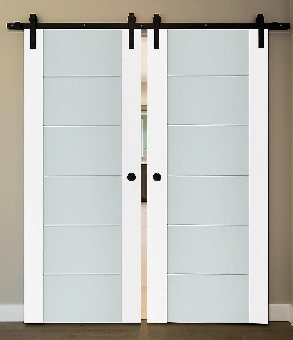 Nova Triplex 008 Soft White Laminated Modern Double Barn Door - Doors and Beyond