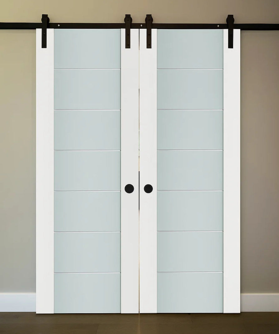Nova Triplex 009 Soft White Laminated Modern Double Barn Door - Doors and Beyond