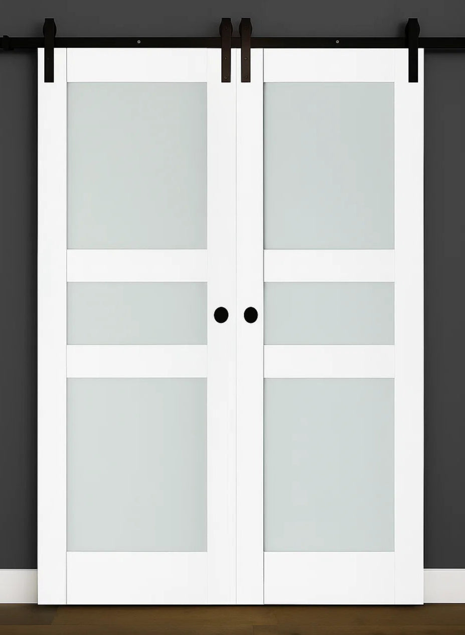 Nova Triplex 029 Soft White Laminated Modern Double Barn Door - Doors and Beyond