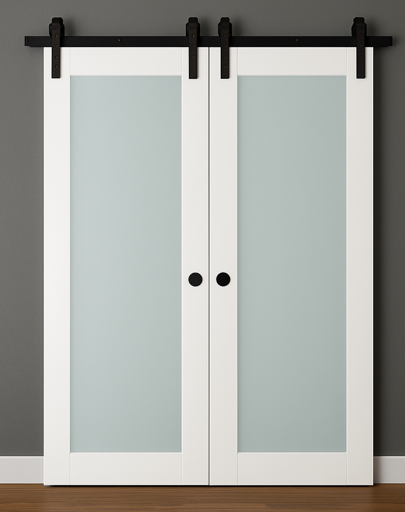 Nova Triplex 054 Soft White Laminated Modern Double Barn Door - Doors and Beyond