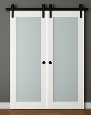 Nova Triplex 054 Soft White Laminated Modern Double Barn Door - Doors and Beyond