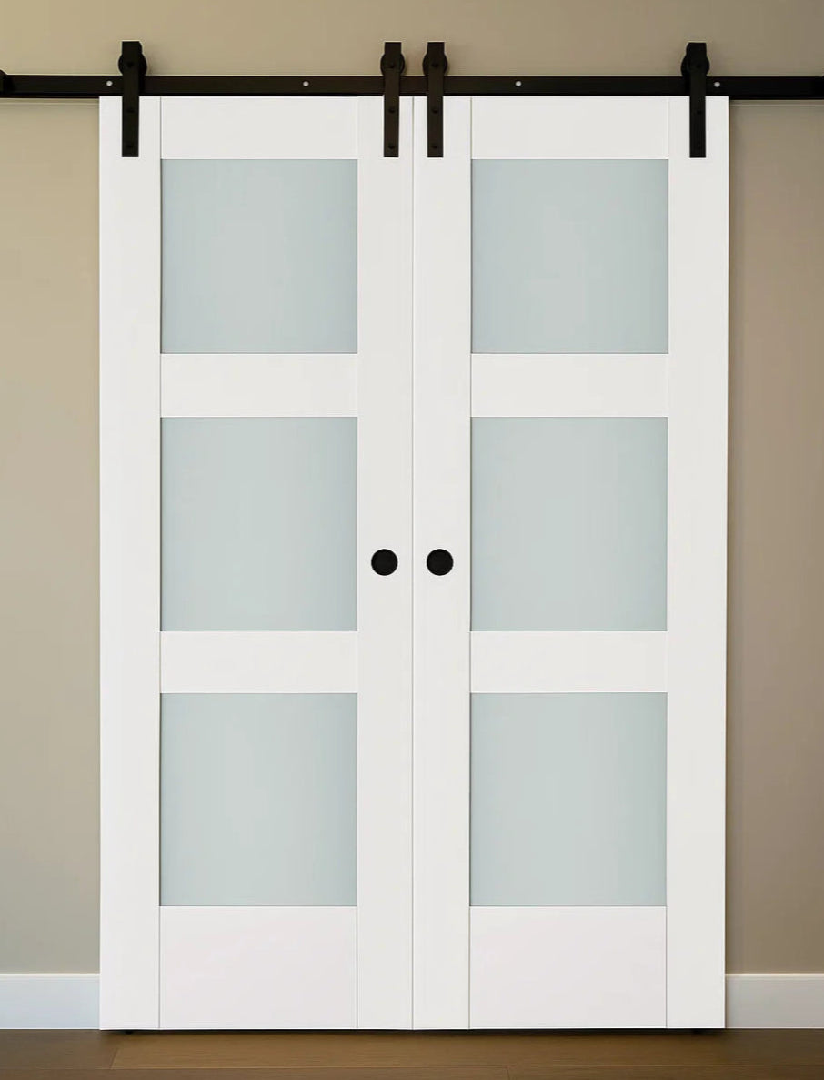 Nova Triplex 058 Soft White Laminated Modern Double Barn Door - Doors and Beyond