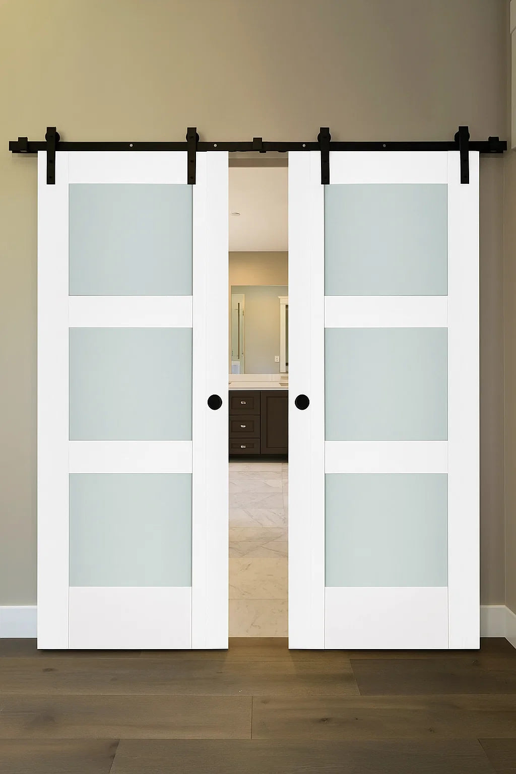 Nova Triplex 058 Soft White Laminated Modern Double Barn Door - Doors and Beyond