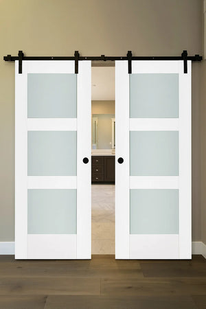 Nova Triplex 058 Soft White Laminated Modern Double Barn Door - Doors and Beyond