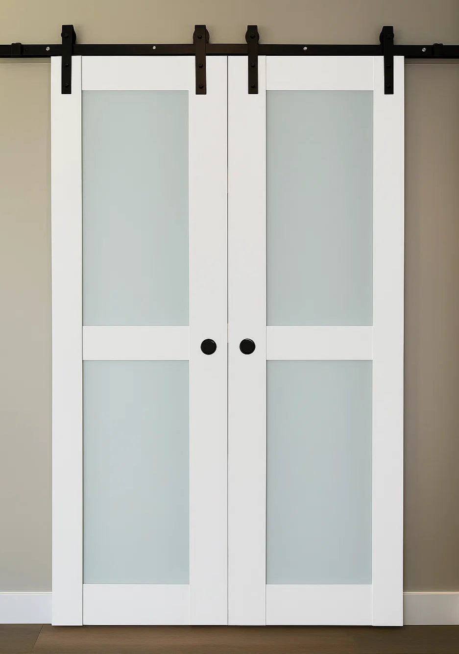 Nova Triplex 020 Soft White Laminated Modern Double Barn Door - Doors and Beyond